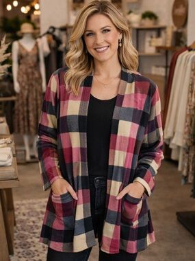 Plaid Open-Front Cardigan - Pink Multi